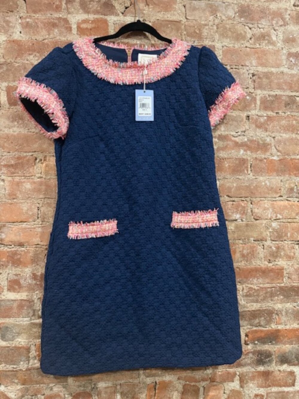 NWT Sail to Sable Navy Tweed Shift Dress Pink Trim Size 12